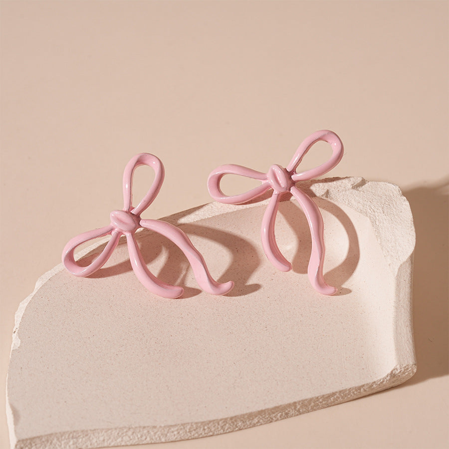 Matte Ribbon Bow Stud Earrings - Pink