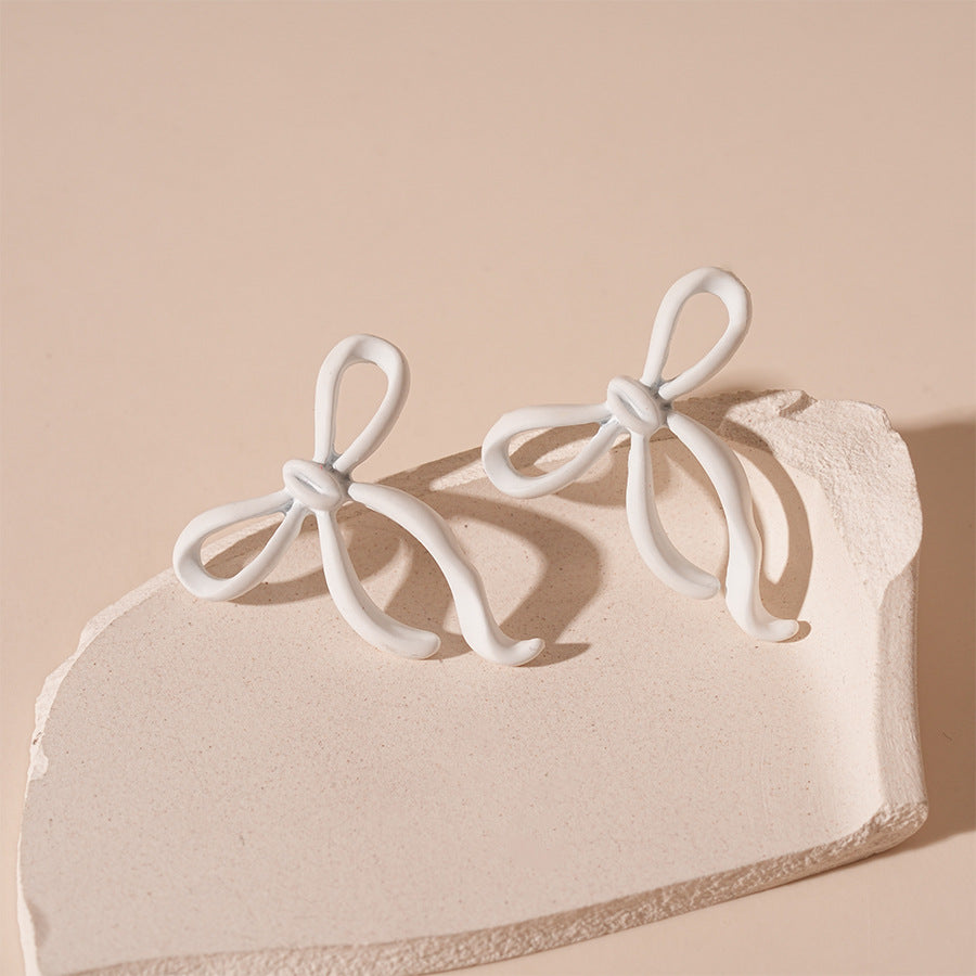 Matte Ribbon Bow Stud Earrings - White
