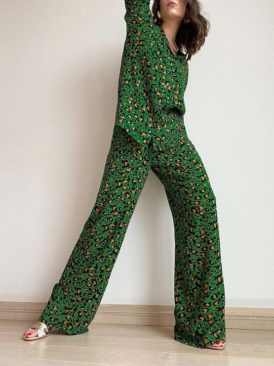Leopard Print Long Sleeve Pajama Set - Green