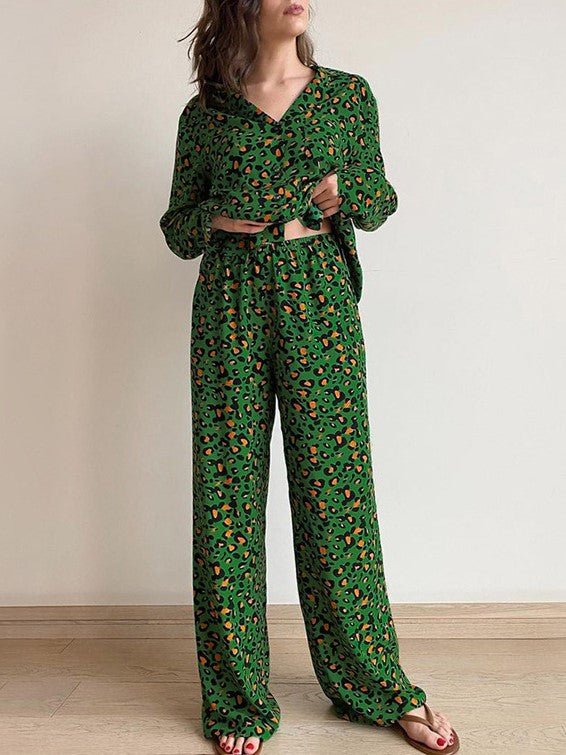 Leopard Print Long Sleeve Pajama Set - Green - 1