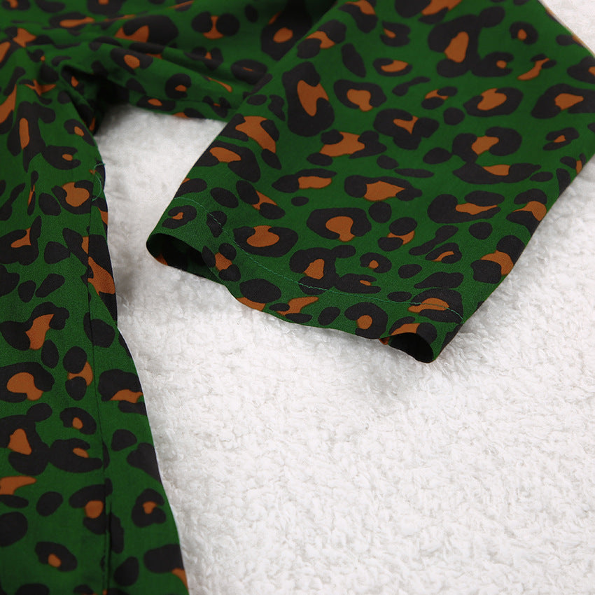 Leopard Print Long Sleeve Pajama Set - Green - 11