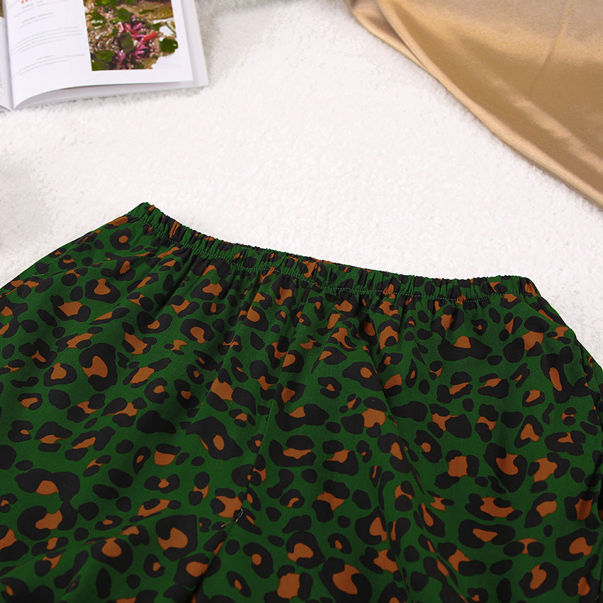 Leopard Print Long Sleeve Pajama Set - Green - 14