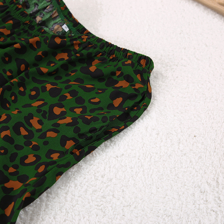 Leopard Print Long Sleeve Pajama Set - Green - 15