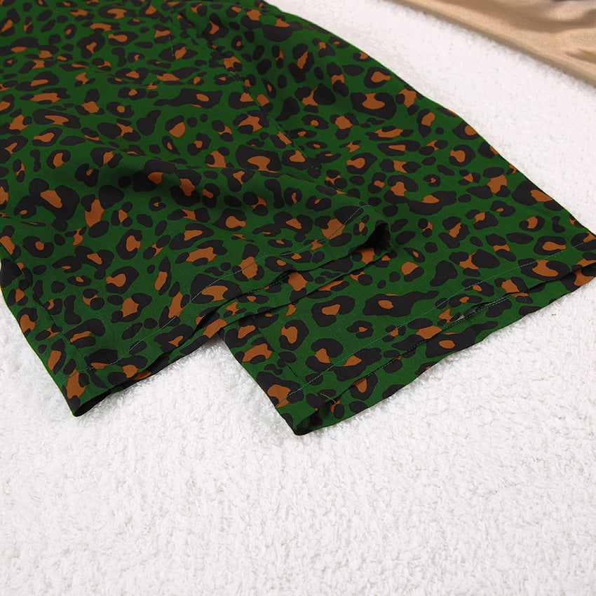 Leopard Print Long Sleeve Pajama Set - Green - 16