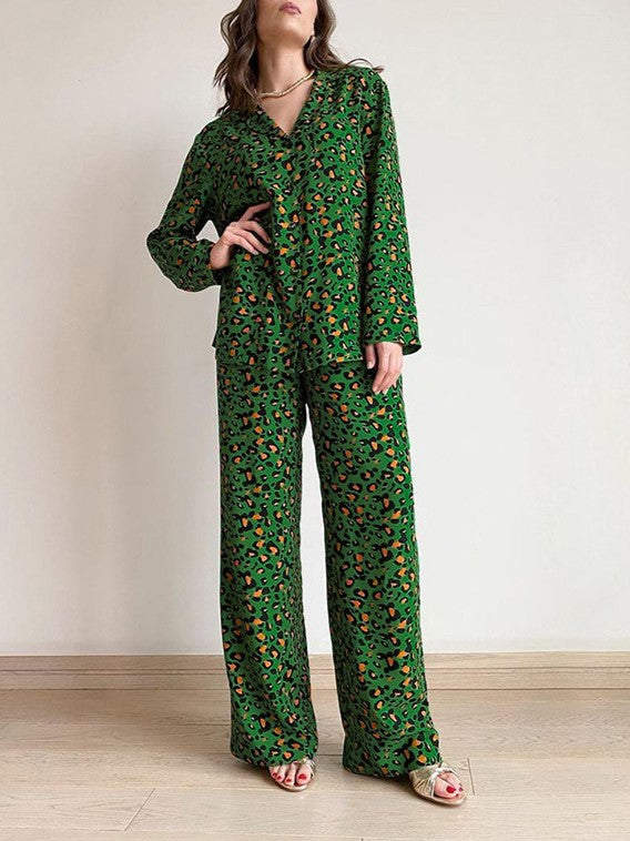Leopard Print Long Sleeve Pajama Set - Green - 2