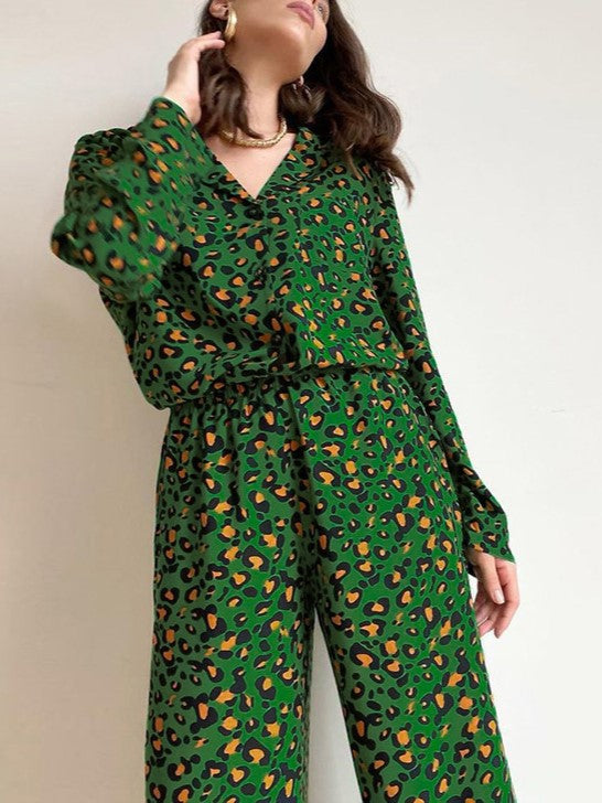 Leopard Print Long Sleeve Pajama Set - Green - 3