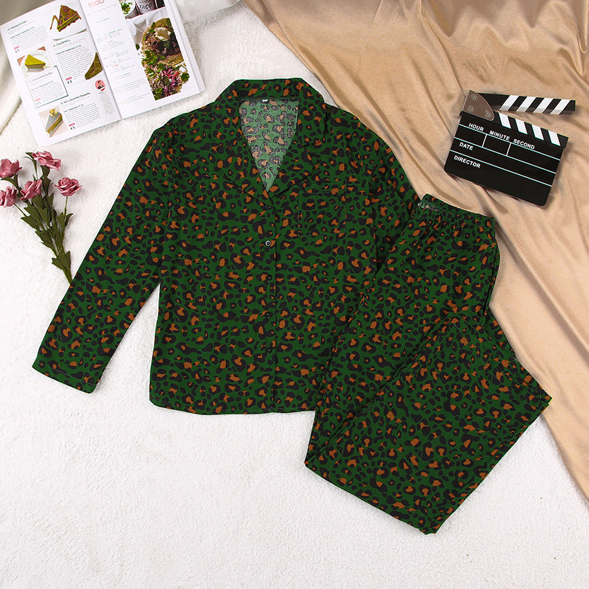 Leopard Print Long Sleeve Pajama Set - Green - 4