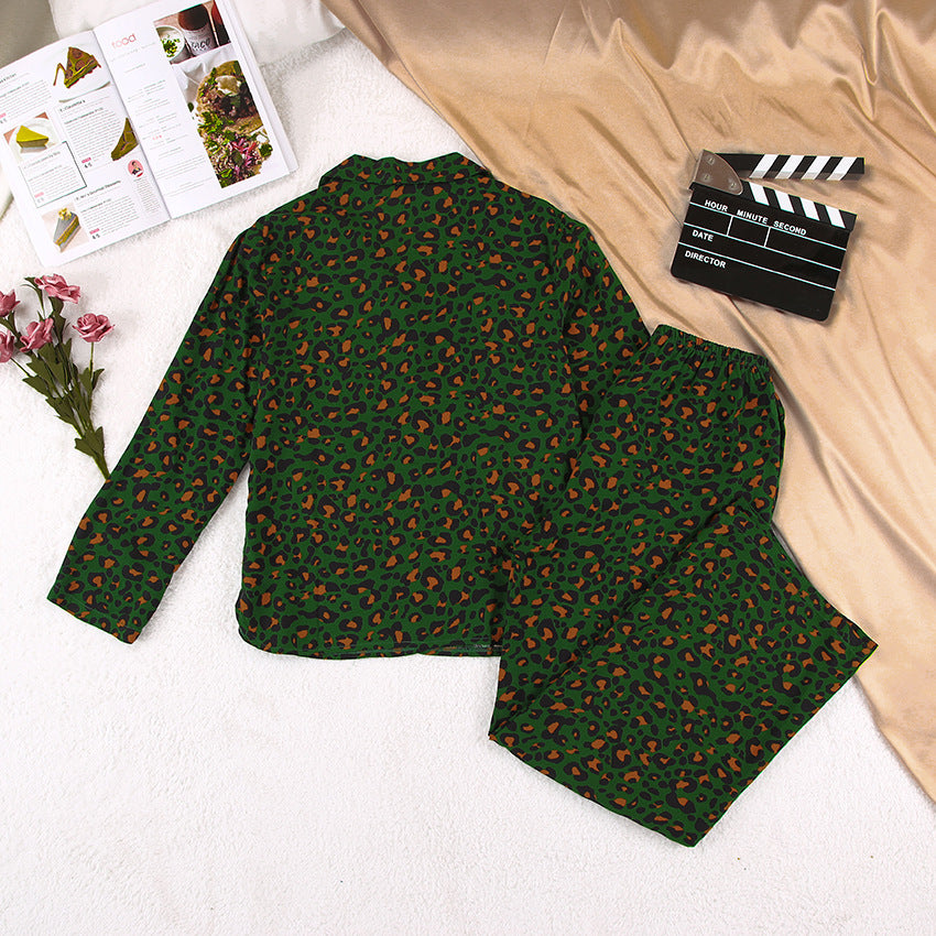 Leopard Print Long Sleeve Pajama Set - Green - 5