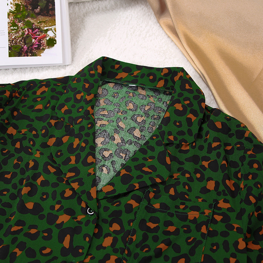 Leopard Print Long Sleeve Pajama Set - Green - 6