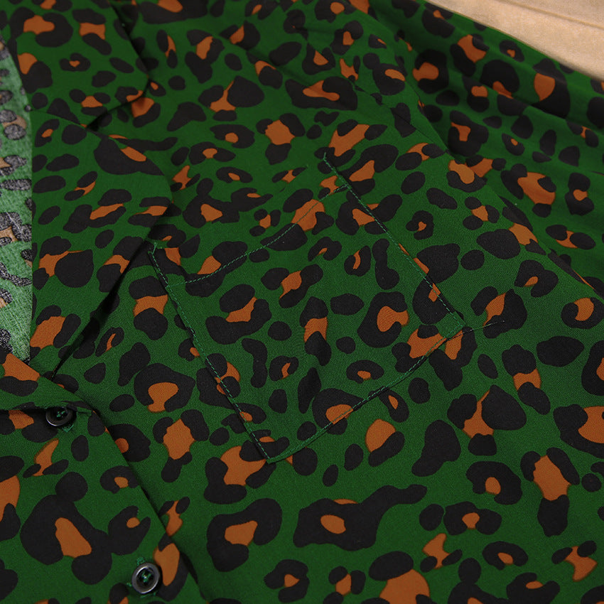 Leopard Print Long Sleeve Pajama Set - Green - 7