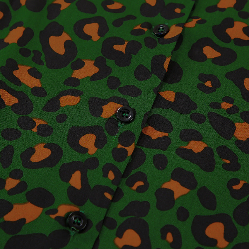 Leopard Print Long Sleeve Pajama Set - Green - 8
