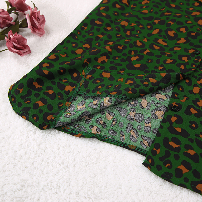Leopard Print Long Sleeve Pajama Set - Green - 9