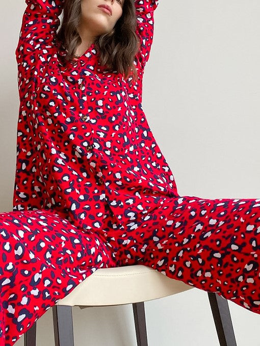 Leopard Print Long Sleeve Pajama Set - Red - 1