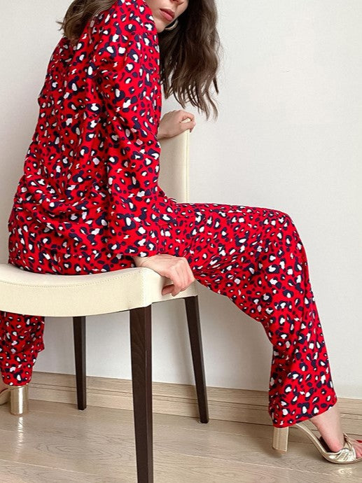 Leopard Print Long Sleeve Pajama Set - Red - 2