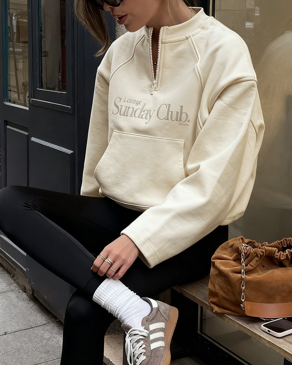 Slogan Half Zip Pullover Sweatshirt - Apricot