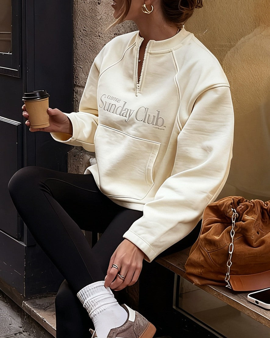 Slogan Half Zip Pullover Sweatshirt - Apricot - 2