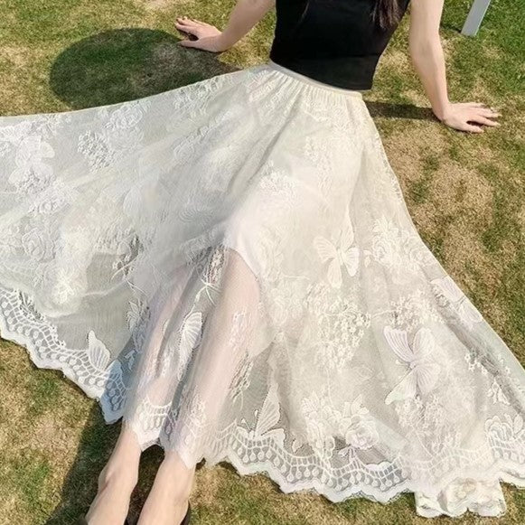 Lined Lace Tulle Tiered Maxi Skirt - Apricot-A