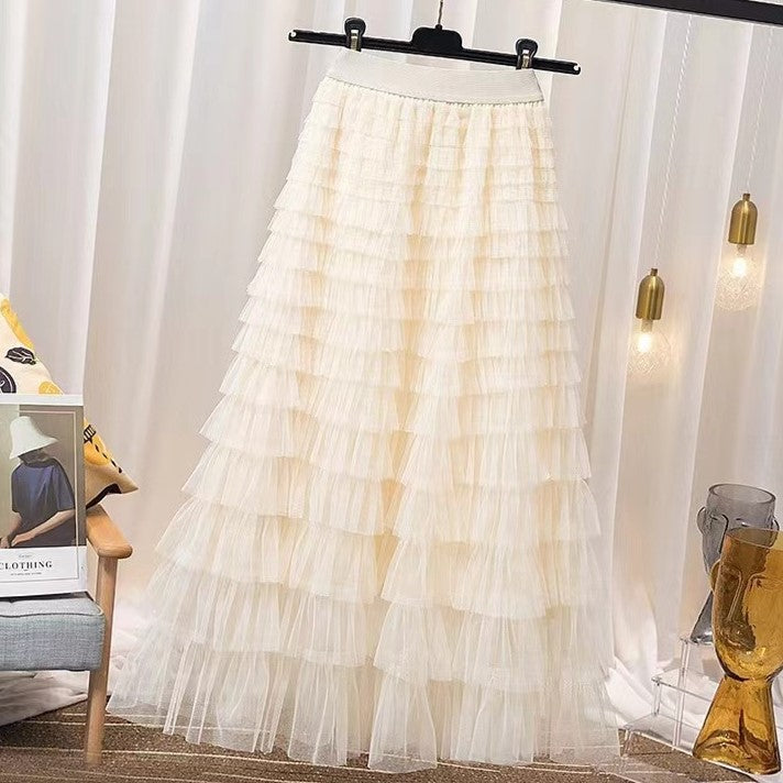Lined Lace Tulle Tiered Maxi Skirt - Apricot-B