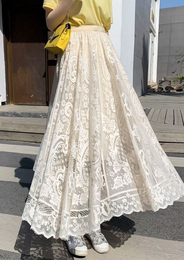 Lined Lace Tulle Tiered Maxi Skirt - Beige