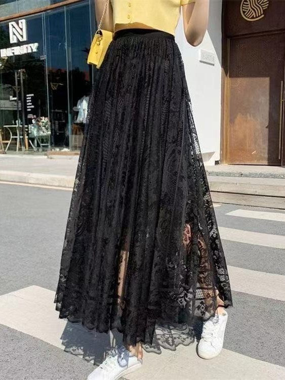 Lined Lace Tulle Tiered Maxi Skirt - Black