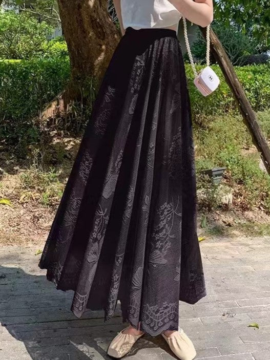 Lined Lace Tulle Tiered Maxi Skirt - Black-A