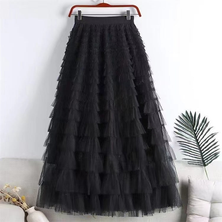 Lined Lace Tulle Tiered Maxi Skirt - Black-B