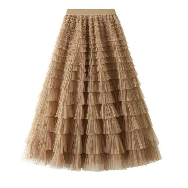 Lined Lace Tulle Tiered Maxi Skirt - Brown