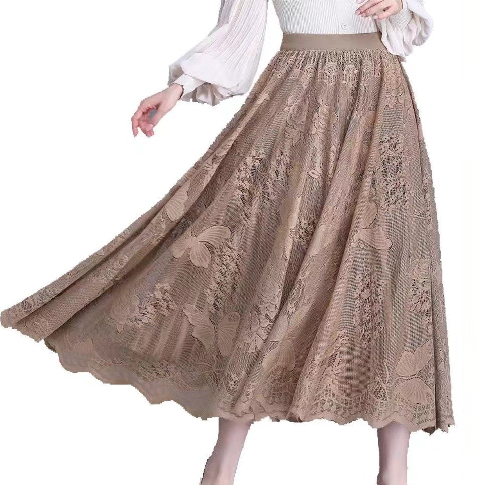 Lined Lace Tulle Tiered Maxi Skirt - Coffee