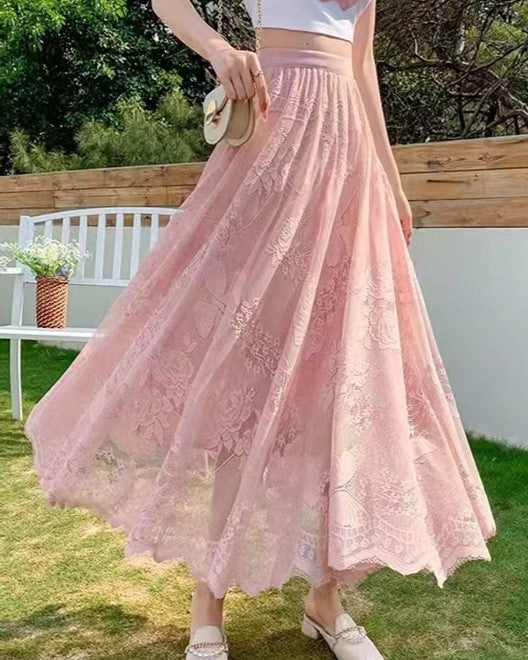 Lined Lace Tulle Tiered Maxi Skirt - Pink-A