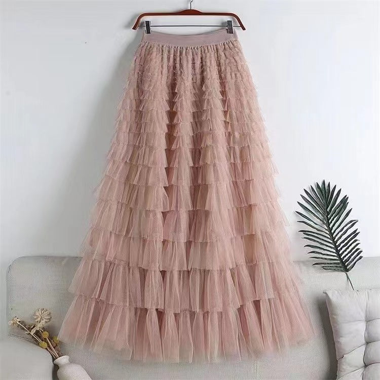 Lined Lace Tulle Tiered Maxi Skirt - Pink-B
