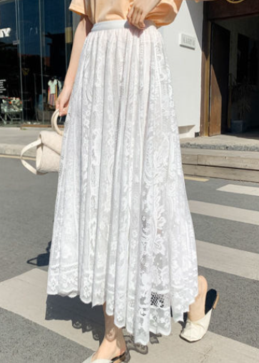 Lined Lace Tulle Tiered Maxi Skirt - White