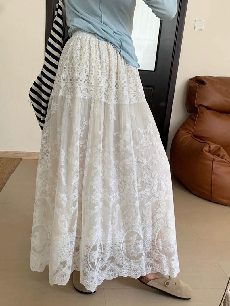 Lined Lace Tulle Tiered Maxi Skirt - White-A
