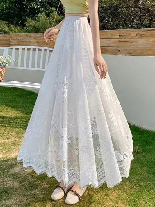 Lined Lace Tulle Tiered Maxi Skirt - White-B