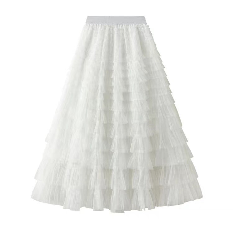 Lined Lace Tulle Tiered Maxi Skirt - White-C