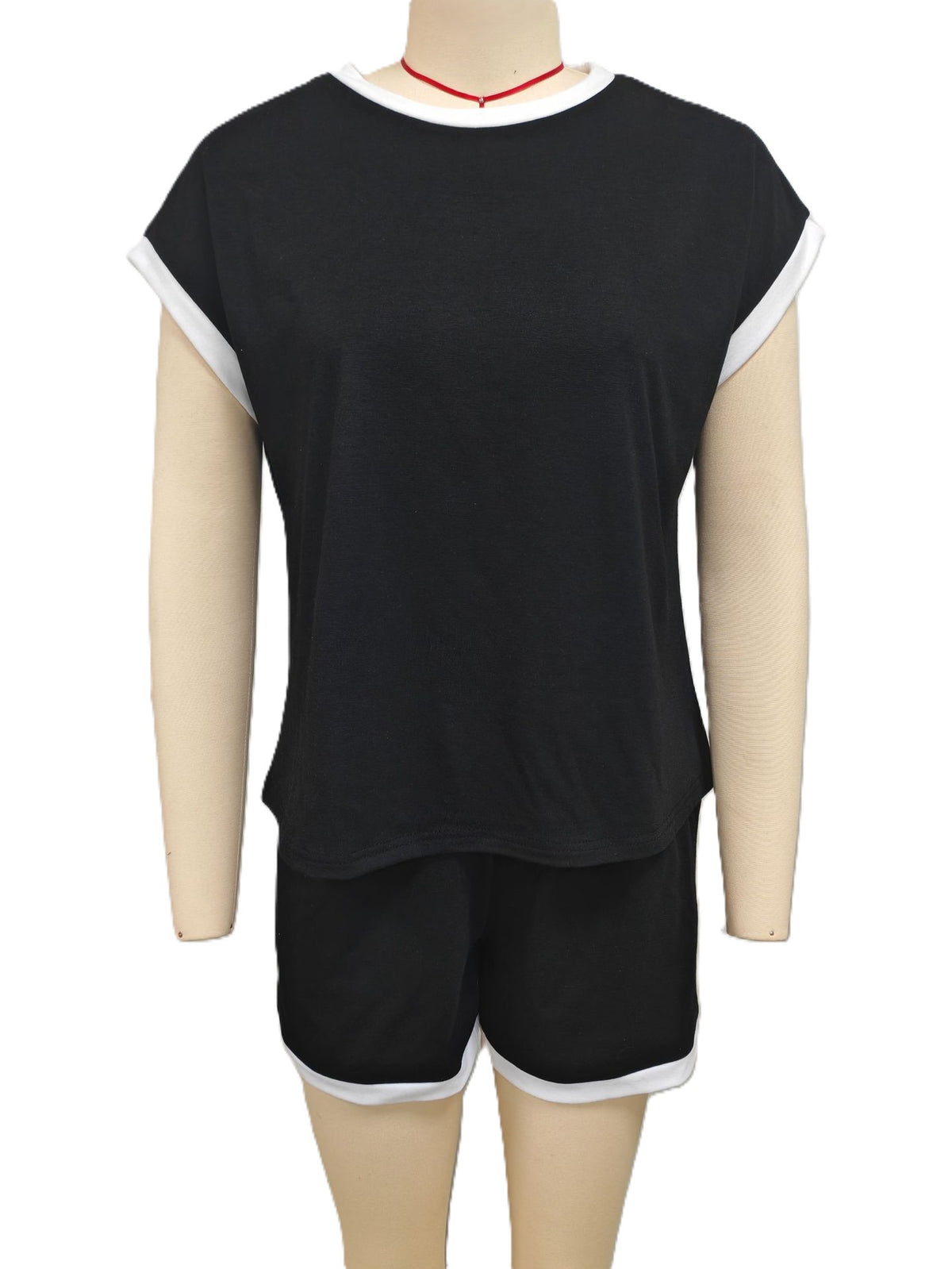 Contrast Trim Tee And Shorts Lounge Set - Black_P - 1