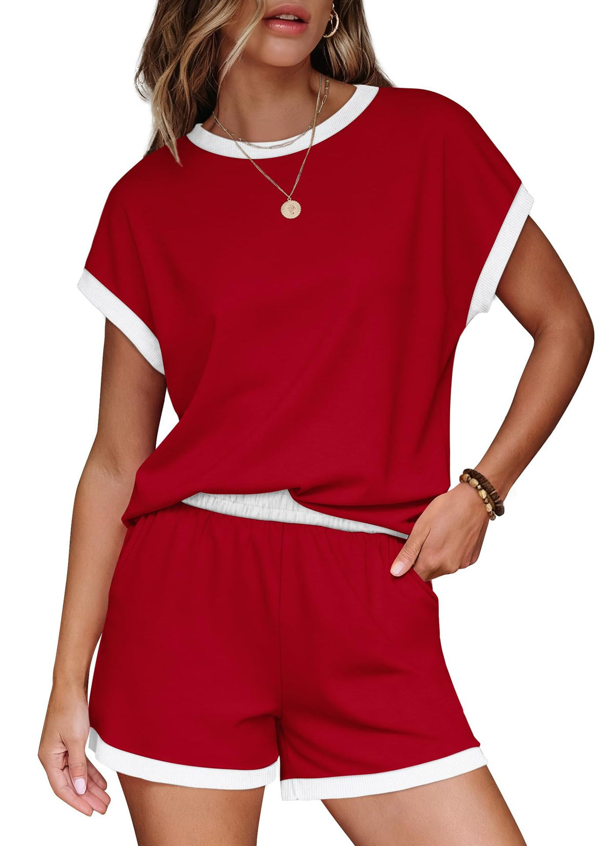 Contrast Trim Tee And Shorts Lounge Set - Red_P