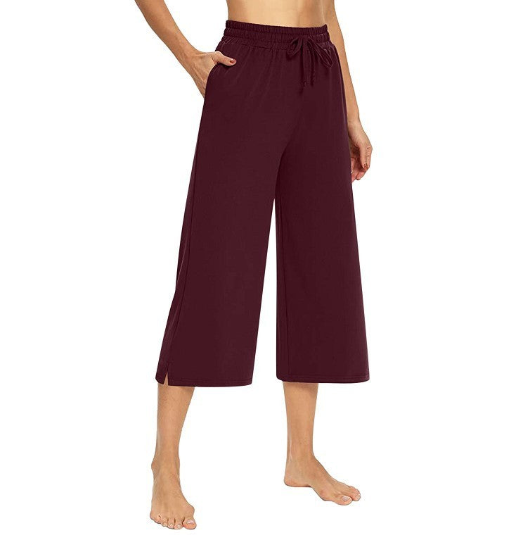 Stretch Knit Drawstring Wide Leg Capri Pants