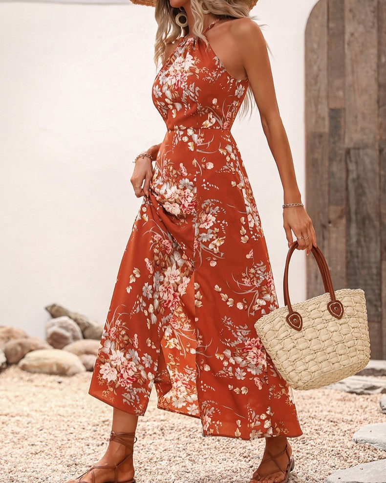 Halter Neck Floral Dress With High Slit - Orange