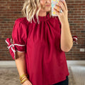 Ruffle Mock Neck Bow Cuff Top - Winered