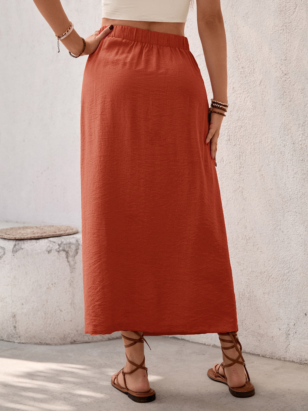 Twist Front Side Slit Midi Skirt - Orange - 2