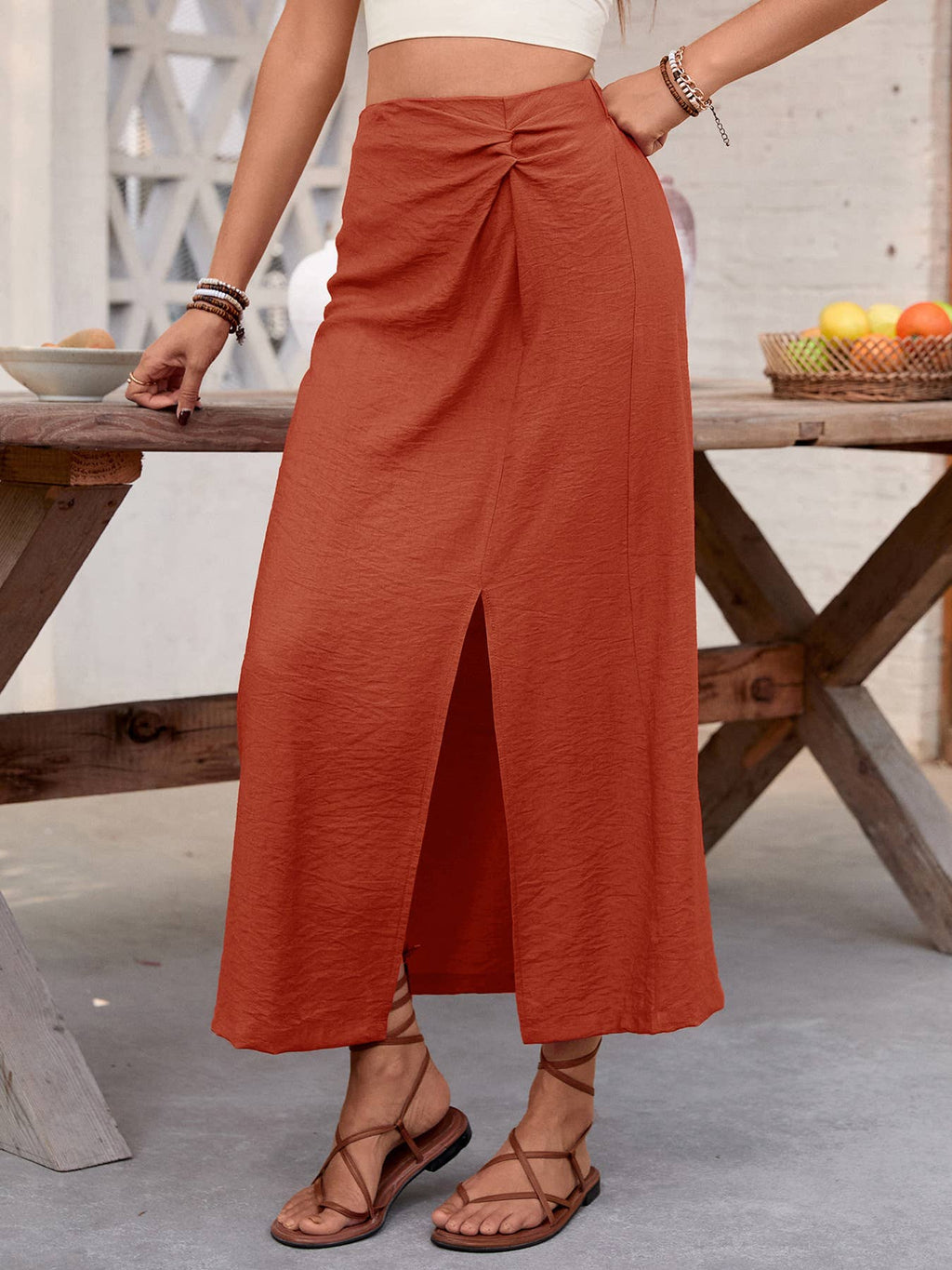 Twist Front Side Slit Midi Skirt