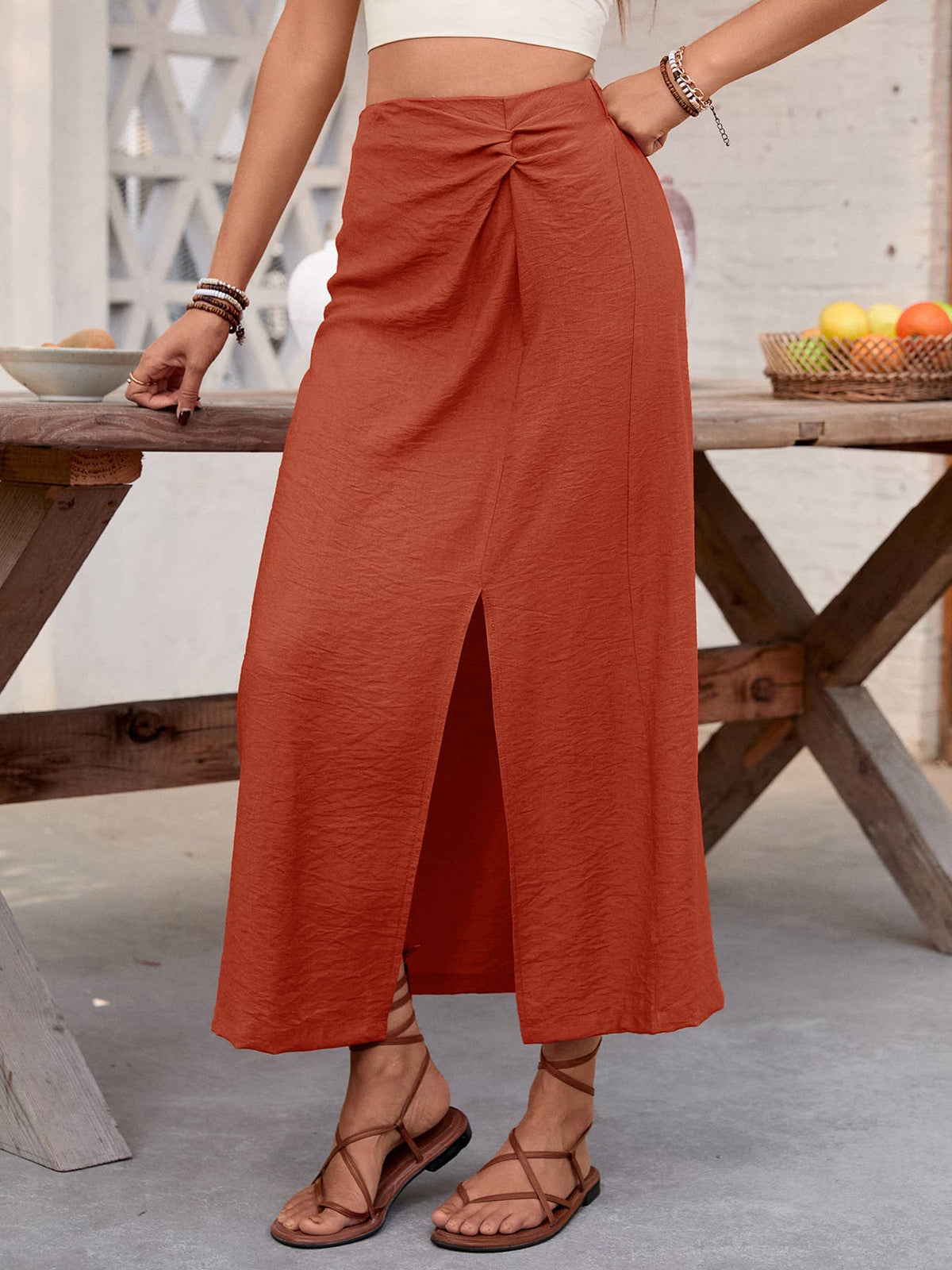 Twist Front Side Slit Midi Skirt