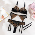 Gold Chain Embroidered Mesh Underwire Garter Set - Black