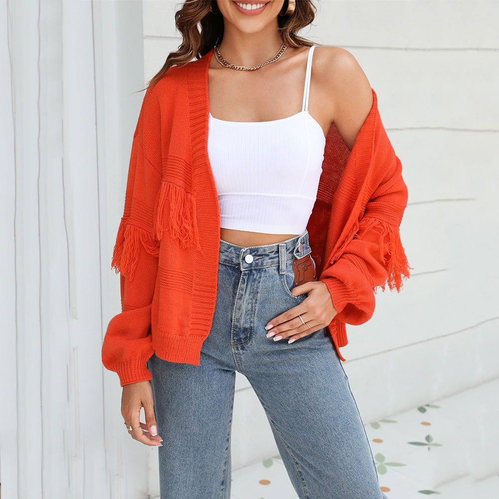 Fringe Sleeve Short Open Front Cardigan - Orange