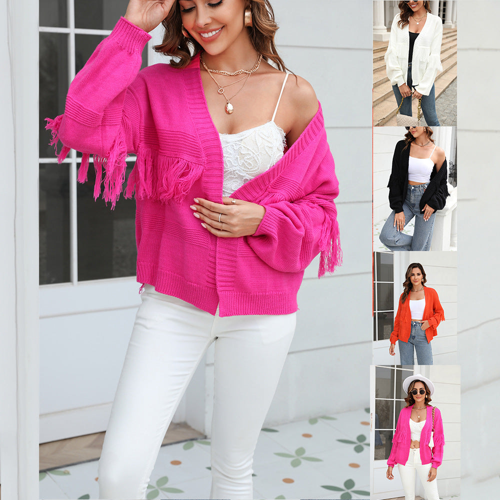 Fringe Sleeve Short Open Front Cardigan -  red
