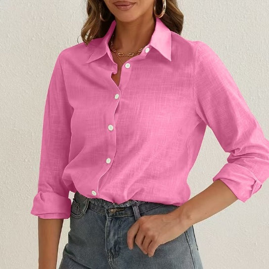 Relaxed Cotton Button Up Long Sleeve Shirt - Rose