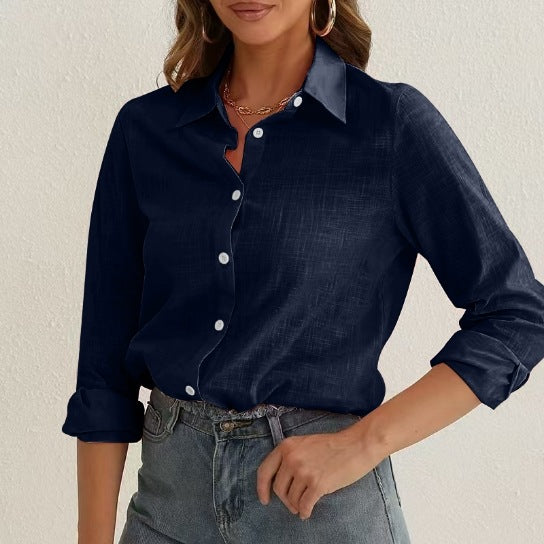 Relaxed Cotton Button Up Long Sleeve Shirt - navy
