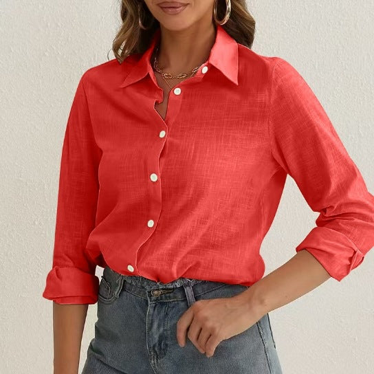 Relaxed Cotton Button Up Long Sleeve Shirt - red