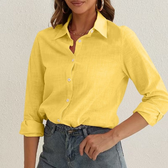 Relaxed Cotton Button Up Long Sleeve Shirt - yellow