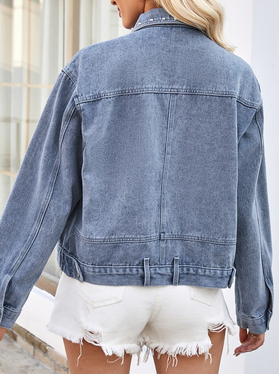 Studded Cropped Denim Jacket - Blue - 4